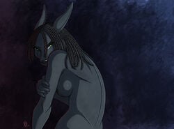 2011 anthro big_breasts black_hair breasts crying ear_piercing female_focus female_only green_eyes jackal kadath kadath_universe looking_at_viewer nightshade_(kadath) nude simple_background solo tail tears