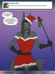 2016 anthro ask_blog black_hair christmas clothed collar dominatrix ear_piercing english_text female_focus female_only green_eyes jackal kadath kadath_tumblr_ask kadath_universe looking_at_viewer nightshade_(kadath) patreon simple_background solo tail text