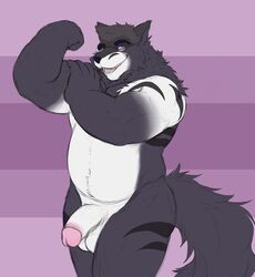 absurd_res anthro balls bara barazoku biceps big_balls big_muscles big_penis canid canine canis digital_media_(artwork) eyebrows eyewear facial_markings flexing fluffy fluffy_tail fur genitals glans glasses grey_body grey_fur hair half-erect head_markings hi_res humanoid_genitalia humanoid_penis looking_at_viewer male male_only mammal markings mature_male multicolored_body multicolored_fur musclegut muscular muscular_male neck_tuft nude open_mouth penis pink_glans portrait pose purple_eyes radonryu raised_arm simple_background smile solo three-quarter_portrait toreiru tuft two_tone_body two_tone_fur white_body white_fur white_penis wolf