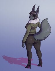 1girls 2020 anthro ass big_ass black_hair clothed ear_piercing female_focus female_only furry green_eyes jackal kadath kadath_universe looking_at_viewer nightshade_(kadath) simple_background smile solo tail thick_thighs