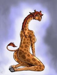 1girls anthro big_breasts breasts brown_eyes brown_hair earrings female_focus female_only giraffe horns kadath kadath_universe looking_at_viewer nude puzzle_(kadath) simple_background solo