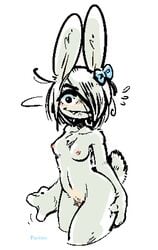 accessory anthro blush female fur hair_accessory hair_ribbon hairbow hand_on_own_butt lagomorph leporid looking_at_viewer mammal panken rabbit ribbons solo white_body white_fur