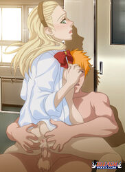 1boy 1girls age_difference anus ass_grab bleach blonde_hair cowgirl_position ichigo_kurosaki kasumiouji_rurichiyo kurosaki_ichigo rurichiyo_kasumioji vaginal_penetration