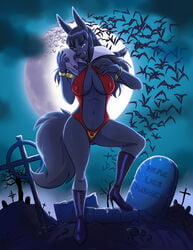 1girls 2018 anthro big_breasts black_hair breasts ear_piercing female_focus female_only green_eyes halloween jackal kadath kadath_universe lingerie long_hair looking_at_viewer nightshade_(kadath) simple_background solo swimsuit tail