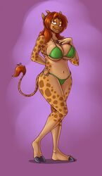 anthro big_breasts bikini breasts brown_eyes brown_hair earrings female_focus female_only g-h- giraffe horns kadath_universe looking_at_viewer puzzle_(kadath) simple_background smile solo