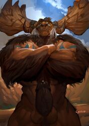 2019 abs anthro antlers balls barazoku biceps big_penis biped blizzard_entertainment blue_eyes bodily_fluids bodypaint bovid bovine cloud crossed_arms day digital_media_(artwork) digital_painting_(artwork) erection genital_fluids genitals glans goroguro hairy hi_res highmountain_tauren horn humanoid_genitalia humanoid_penis looking_at_viewer male male_only mammal manly markings mountain muscular muscular_male nude outside penis portrait precum signature sky smile solo standing tauren thick_penis three-quarter_portrait tribal tribal_markings tribal_paint video_games warcraft