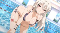 1girls blush breasts choker game_cg hiromi_(sakura_swim_club) large_breasts long_hair pool red_eyes sakura_swim_club swimsuit wanaca white_hair winged_cloud