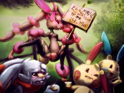 1girls afoxinabox ambiguous_gender anthro anthrofied anus ass begging black_sclera bodily_fluids bottomless bottomwear breasts buckteeth clothing female feral furry genital_fluids group hi_res holding humanoid lagomorph leggings legwear lopunny male mammal mega_evolution mega_lopunny minun money mostly_nude nintendo outdoors outside plusle pokémon_(species) pokemon pokemon_(species) pokemon_dppt pokemon_rse pokemon_ss presenting presenting_pussy prostitution pussy pussy_juice rodent scorbunny shiny_pokemon sign size_difference solo_focus teamwork tears text torn_bottomwear torn_clothing underboob video_games