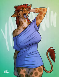 anthro big_breasts breasts brown_hair closed_eyes clothed earrings female_focus female_only giraffe horns kadath kadath_universe morning no_bra puzzle_(kadath) simple_background solo tail