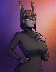 2015 anthro big_breasts black_hair breasts clothed ear_piercing female_focus female_only green_eyes hourglass_figure jackal kadath kadath_universe looking_at_viewer nightshade_(kadath) nipples simple_background solo tail