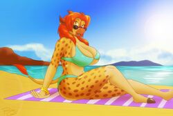 2018 anthro beach bikini bracelet breasts clothed clothing conditional_dnp ear_piercing ear_ring eyewear female giraffe giraffid jewelry kadath_universe mammal outside piercing puzzle_(kadath) robthehoopedchipmunk seaside solo sunglasses swimwear