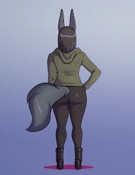 2020 anthro ass back_view big_ass black_hair clothed ear_piercing female_focus female_only furry jackal kadath kadath_universe looking_away nightshade_(kadath) simple_background solo tail