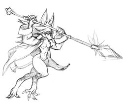 anthro attack breasts diagamon digital_media_(artwork) dragoon female ffix final_fantasy final_fantasy_ix freya_crescent hair long_coat long_hair mammal melee_weapon monochrome polearm rodent sketch solo spear square_enix video_games weapon