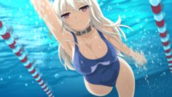 1girls blush breasts choker game_cg hiromi_(sakura_swim_club) large_breasts long_hair pool red_eyes sakura_swim_club school_swimsuit swimming swimsuit underwater wanaca white_hair winged_cloud