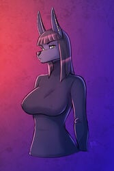 2017 anthro big_breasts black_hair breasts clothed ear_piercing female_focus female_only green_eyes jackal kadath kadath_universe looking_at_viewer nightshade_(kadath) nipples simple_background solo tail