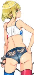 1boy ass bdsm blonde_hair blush bulge clothed clothing coin_rand crossdressing dat_ass earrings elf femboy from_behind green_eyes looking_at_viewer looking_back male male_only minishorts original pointy_ears short_hair short_shorts solo thighhighs trap whip