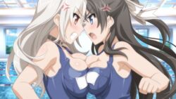 2girls black_hair blue_eyes blush breast_press breasts catfight choker game_cg hair_ribbon hiromi_(sakura_swim_club) large_breasts long_hair mieko_(sakura_swim_club) pool red_eyes sakura_swim_club school_swimsuit swimsuit titfight wanaca white_hair winged_cloud