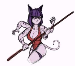 4_arms artsy_madraw big_breasts borrowed_character catgirl cleavage color colored gift_art large_breasts markings monochrome multi_arm multi_limb one_piece_swimsuit original original_character purple_eyes purple_hair tail weapon