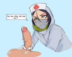 1boy after_sex color_edit commentary cum dash_ravo ddl english_commentary english_text erection facial female gentle_femdom gloves green_eyes holding_penis hood mari_shiko mask mouth_mask nurse original penis penis_grab sketch solo_focus straight tagme tight_grip uncensored