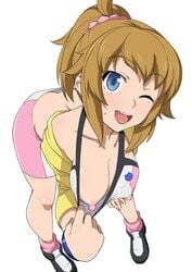 1girls bent_over big_breasts bike_shorts blue_eyes brown_hair female female_only flashing_at_viewer flashing_breasts full_body gundam gundam_build_fighters gundam_build_fighters_try haruhisky hoshino_fumina nipples shorts simple_background solo solo_female solo_focus white_background wink winking_at_viewer