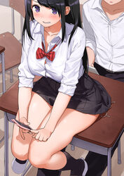 1boy 1girls black_hair black_skirt black_socks busty clothed duo faceless_male female fully_clothed holding holding_object holding_phone human kaisen_chuui long_hair male original phone purple_eyes red_bowtie school_uniform schoolgirl sitting sitting_down sitting_on_desk skirt socks thick_thighs very_long_hair