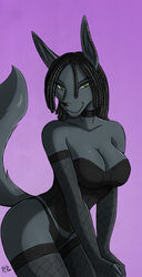 1girls 2011 anthro big_breasts black_hair breasts ear_piercing female_focus female_only green_eyes jackal kadath kadath_universe lingerie looking_at_viewer nightshade_(kadath) simple_background smile solo tail transparent_clothing