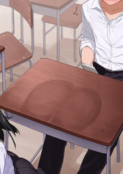 1boy 1girls ass_print blush classroom desk embarrassed indoors kaisen_chuui original school school_uniform surprised sweat sweat_print sweat_stain