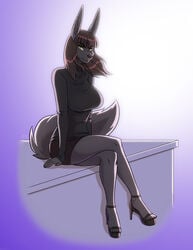 2019 anthro big_breasts black_hair breasts clothed ear_piercing feet female_focus female_only green_eyes jackal kadath kadath_universe looking_at_viewer nightshade_(kadath) open-toe_heels simple_background smile solo tail thick_thighs toes