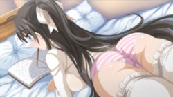 1girls ass bed bedroom big_ass black_hair blue_eyes blush breasts game_cg hair_ribbon large_breasts long_hair mieko_(sakura_swim_club) notebook pink_panties sakura_swim_club striped_panties wanaca winged_cloud