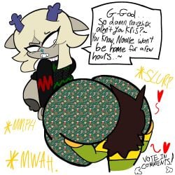 afterdarkcircus blue_antlers blue_lipstick brown_hair carol_holiday christmas_outfit deltarune deltarune_chapter_4 english_dialogue english_text eyebrows_raised female green_shirt green_stripes hyper imminent_sex interaction_drive kissing_ass kris_(deltarune) licking_ass male male/female milf pearl_necklace red_stripes slurping speech_bubble straight striped_shirt yellow_stripes