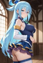 ai_generated aqua_(konosuba) ass bangs bare_shoulders blue_eyes blue_hair blue_legwear blue_shirt blue_skirt blue_thighhighs blush bow bowtie breasts clothing detached_sleeves female female female_only from_behind green_bow hair_between_eyes hair_bobbles hair_ornament hair_rings indoors kono_subarashii_sekai_ni_shukufuku_wo! large_breasts legwear long_hair long_sleeves looking_at_viewer looking_back medium_breasts microskirt milfhunter228 miniskirt nopan pleated_skirt shirt sidelocks single_hair_ring skindentation skirt sleeveless sleeveless_shirt solo standing thighhighs thighs twisted_torso very_long_hair white_legwear white_sleeves white_thighhighs window zettai_ryouiki