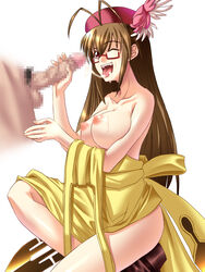 breasts censored clothing cum glasses handjob highres ichimedoo large_breasts mahou_sensei_negima mahou_sensei_negima! nipples penis saotome_haruna wink