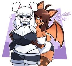 2025 2girls bat breast_grab breasts clothed clothing female female_focus furry furry_female lornalla rabbit tagme yuri yuri