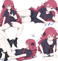 bar_censor black_eyes black_panties black_shirt black_skirt black_socks blue_archive blush censored closed_mouth collared_shirt female female_pubic_hair hair_between_eyes halo highres iroha_(blue_archive) knees_up long_hair looking_at_viewer lying multiple_views necktie no_shoes on_back on_side open_mouth panties panties_around_ankles panty_pull pubic_hair pulling_own_clothes purple_halo pussy_juice red_hair red_necktie shirt short_sleeves simple_background skirt socks spread_legs unamaso underwear white_background young