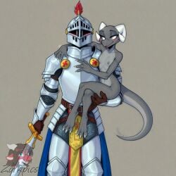 1boy ai_generated blushing_male blushing_through_mask breastplate carrying_partner countershading crossed_legs curled_horns digitigrade faceless_male female female full_armor full_body grey_body grey_eyes grey_nipples grey_scales holding_sword horns knight kobold larger_male lithe looking_at_another male nipples petite plate_armor scalie simple_background sitting_on_another size_difference small_breasts standing tail zorkpics