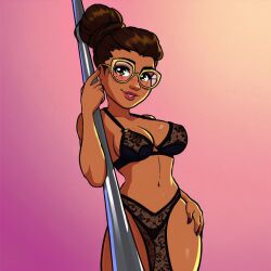1girls ai_generated arcane black_bra black_lace black_lace_bra black_lace_panties black_panties bra breasts breasts brown_hair brown_skin cleavage exotic_dancer female female female_focus female_only glasses hand_on_hip lace_bra lace_panties league_of_legends lingerie looking_at_viewer pole pole_dancer pole_dancing short_hair sky_young solo solo_female solo_focus standing stripper stripper_clothes stripper_pole