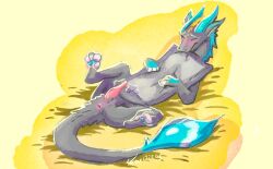 anus arcticos bite blue_horn blush bodily_fluids closed_eyes dragon feral fur furred_dragon furred_scalie genital_fluids genitals grey_body grey_fur hi_res horn hug hugging_object hugging_pillow hybrid male mythological_creature mythological_scalie mythology penis pillow pillow_bite precum scalie solo tapering_penis