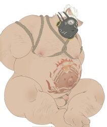 1boy animal_ears bara belly biceps bondage bondage bondage bound chinese_commentary commentary_request fat flaccid furrification furry furry_male gas_mask highres looking_at_viewer male_focus mask masked navel nipples overwatch pectorals penis pig_ears plump roadhog_(overwatch) tengzai05 testicles white_background white_hair