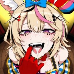 1girls after_fellatio ai_generated blonde_hair cleavage cum cum_in_mouth cum_on_hair facial fox_ears fox_girl hat heart-shaped_pupils hololive large_breasts omaru_polka pink_hair purple_eyes virtual_youtuber
