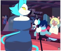 1boy 2girls aerth animated animated_gif anthro antlers ass ass_in_dress ass_shake big_ass black_hair blonde_hair blush bottom_heavy bubble_butt clothing dat_ass deltarune dress fat_ass female female_focus gif hair_over_eyes heart-shaped_pupils human indoors kris_(deltarune) lancer_(deltarune) microphone noelle_holiday queen_(deltarune) robot robot_girl shaking_ass stage tail tasque_manager_(deltarune) thick_ass thick_thighs watching wide_hips