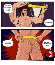 armpits arms_up ass ass brown_hair comic comic_strip embarrassed english_text gay gay_male hairy hairy_anus hairy_armpits hairy_arms hairy_ass hairy_chest hairy_male jockstrap logan_(x-men) male male_only manly marvel muscles muscular muscular_male nipples pecs pectorals peter_parker sexy showing_ass showing_off showing_off_ass spider-man superhero wolverine_(x-men) x-men yellow_jockstrap