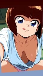 1girls blue_eyes blue_eyes_female breasts breasts breasts brown_hair brown_hair_female cleavage clothing girl_only looking_at_viewer medium_boobs medium_breasts nabiki_tendo naughty_face nipples_visible_through_clothes nipples_visible_through_clothing nipples_visible_through_shirt only_girl ranma_1/2 remastered short_hair short_hair_female solo solo_female solo_focus tongue tongue_out upscaled young young_female young_girl young_woman younger_female younger_woman