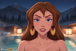 1girls ai_generated artist_name blue_eyes brown_hair collarbone disney earrings hi_res jane_porter jewelry long_hair looking_at_viewer makeup night night_sky nude onsen outdoors rock rule34lab sky smile solo tarzan_(1999_film) teeth tree walt_disney water