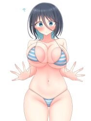 1girls ? bikini blush breast_press breasts chiaki_himanagi cleavage closed_mouth colored_inner_hair female large_breasts looking_at_viewer navel original original_character short_hair simple_background solo solo_female solo_focus striped_bikini thighs white_background