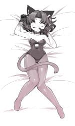 1girls bed bunnysuit cat_tail crazed_moneko crazed_moneko_(the_battle_cats) cute female female_only huge_breasts tail the_battle_cats worried