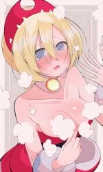 absurdres arm_wrap breasts eyebrow_cut fanning_self fujiwara_hiro_(kaede_ciao) hairband highres irida_(pokemon) jewelry medium_breasts neck_ring nintendo pokemon pokemon_legends:_arceus red_hairband shirt shorts strapless strapless_shirt waist_cape white_shorts