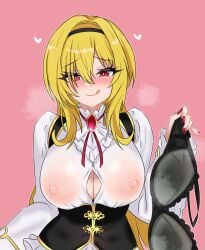 1girls :q black_hairband blonde_hair bra breasts bright_pupils button_gap covered_nipples fingernails hairband heart highres hiroshi_(01kanata) holding holding_bra holding_underwear holding_unworn_clothes idolmaster idolmaster_cinderella_girls kurosaki_chitose large_breasts long_hair long_sleeves looking_at_viewer nail_polish nipples pink_background red_eyes red_nails removing_bra_under_shirt shirt simple_background smile solo steaming_body tongue tongue_out underwear unworn_bra upper_body very_long_hair white_pupils white_shirt