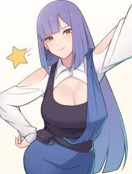 1girls 52siki against_surface bbw bedroom_eyes big_breasts blush busty cleavage dress ear_piercing ear_ring earrings female female_only gundam gundam_zz hand_on_hip hi_res high_resolution highres hips hourglass_figure jewelry large_breasts light-skinned_female light_skin lips lipstick long_hair looking_at_viewer makeup mobile_suit_gundam pale-skinned_female pale_skin pink_eyes pink_lips pink_lipstick pinup purple_hair roux_louka skirt smile smiling smiling_at_viewer solo solo_female solo_focus star tank_top teen teen_girl teenage_girl teenager very_high_resolution very_long_hair voluptuous voluptuous_female white_background wide_hips