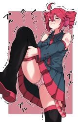 1girls 2d 2d_(artwork) ahoge arm_tattoo blush closed_eyes clothed clothed_female clothing detached_sleeves female female_only fully_clothed headgear holding_leg kasane_teto leg_up michihirogswr motion_lines panties panty_peek pantyshot pout red_hair simple_background skindentation skirt solo solo_female stretching striped_panties tattoo tears thick_thighs thighhigh_boots thighhighs thighs trembling twin_drills upskirt utau