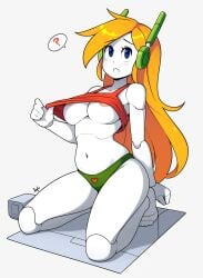 1girls android ayb barefoot blonde_hair blue_eyes blush breasts cave_story curly_brace female highres kneeling long_hair nipples nude open_mouth panties pussy robot_ears robot_girl robot_joints shirt_lift simple_background solo underwear very_long_hair
